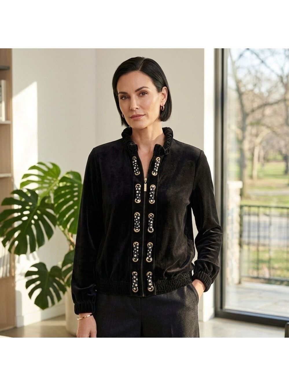 St. John Velour Zip Sweatshirt Jacket MED Black Polka Dot Accents Luxury Sporty